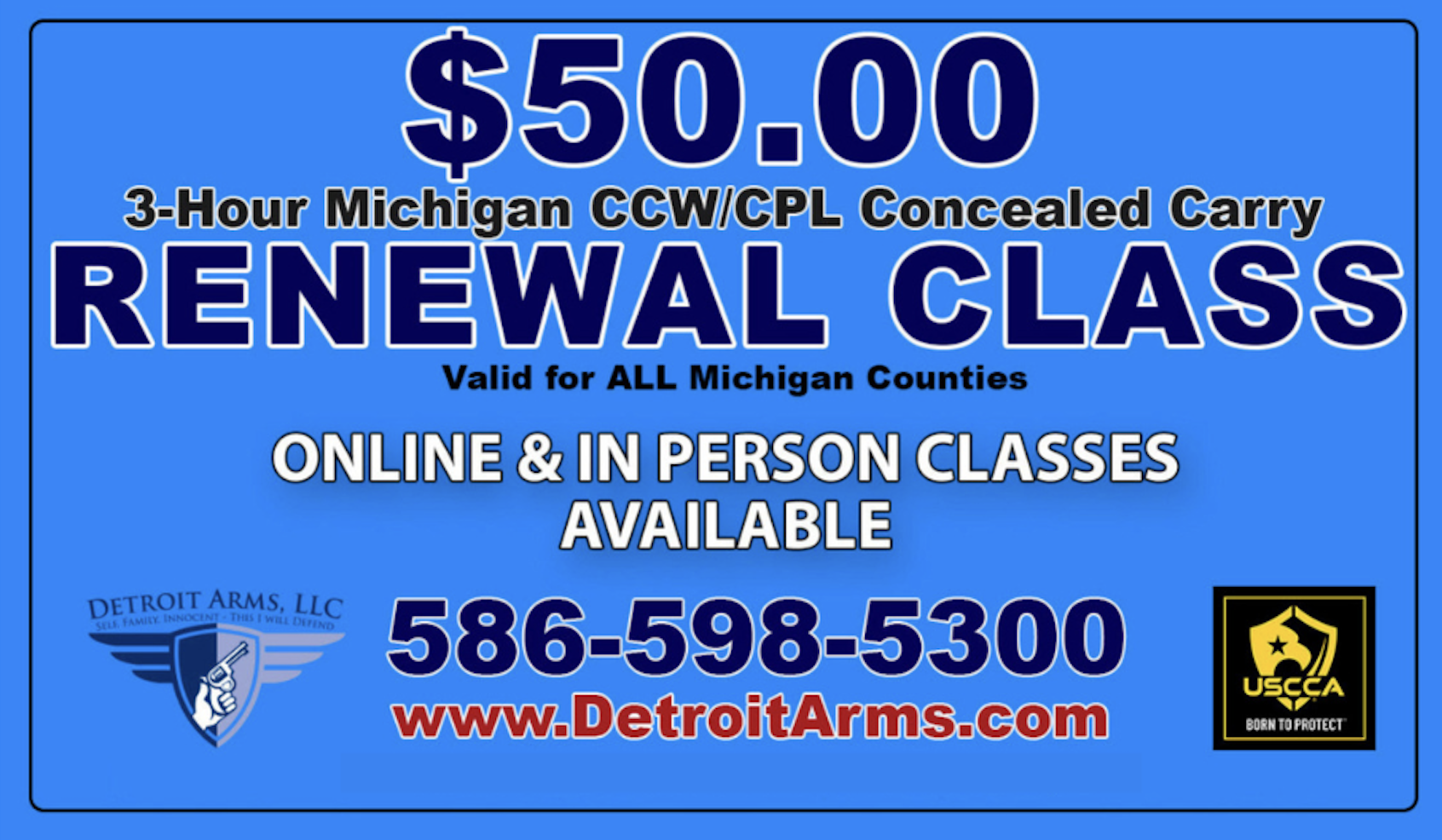 3 Hour In-Person Renewal Michigan Concealed Carry Pistol License CCW/CPL Class